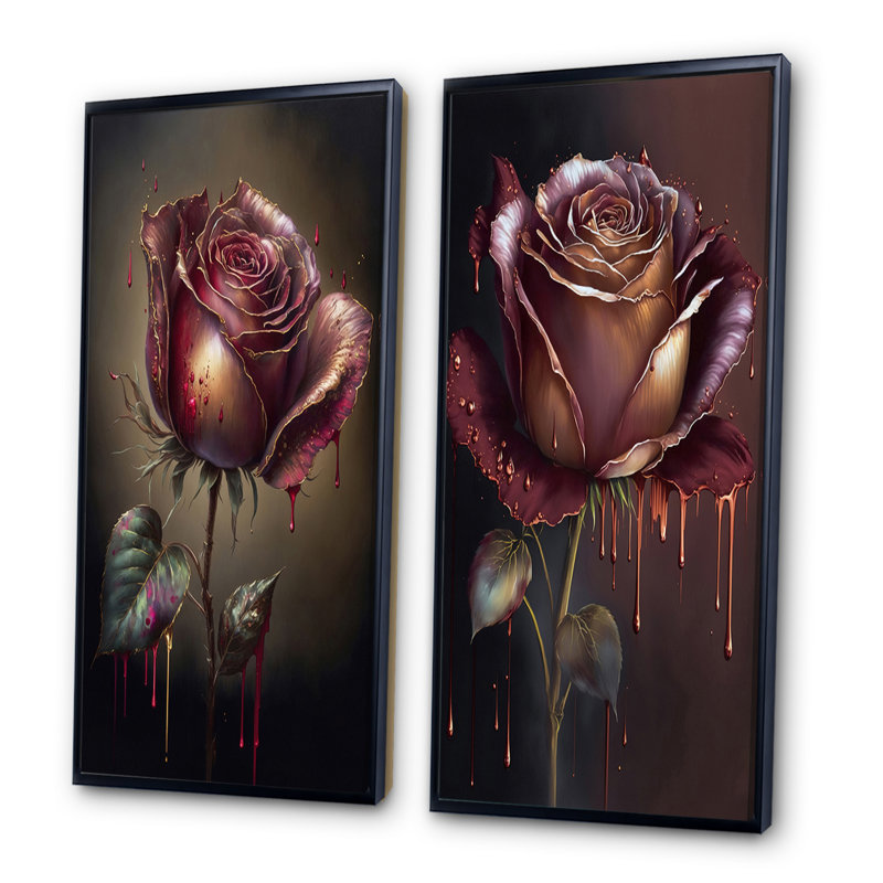 «Red Paint Drip Rose», 2 pièces sur toile, Cadre noir, H 20 po x l 24 po
