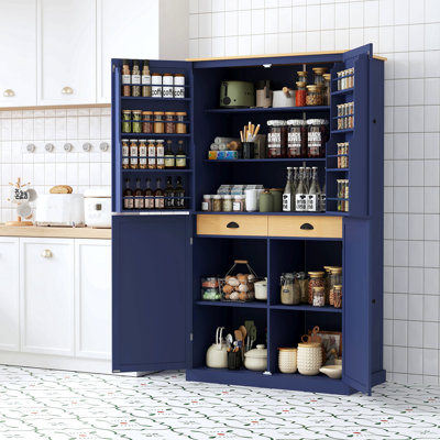 Grande armoire de rangement autoportante haute avec 2 tiroirs, 2 tablettes réglables et 8 portes