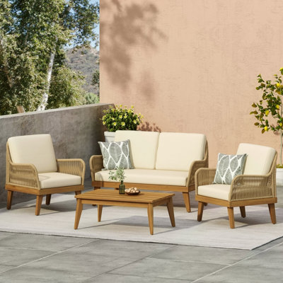 Ensemble de conversation d'extérieur 4 pièces en bois d'acacia avec corde, coussins résistants à l'eau et finition en teck pour une assise extérieure durable