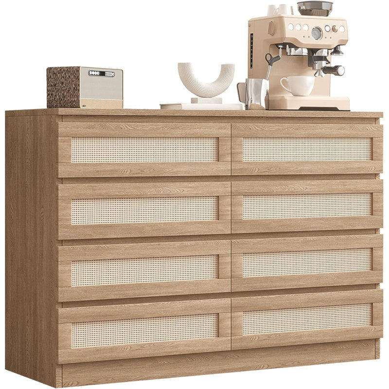 8 Drawer Dresser, Wooden Rattan Dresser with Anti-Tip Device, White Dresser for Bedroom Living Room Hallway