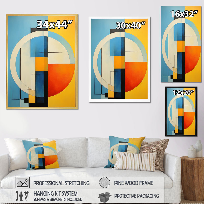Corail jaune Mid Century Bold Bauhaus sur toile, H 44 po x l 34 po x P 1,5 po, Cadre flottant doré