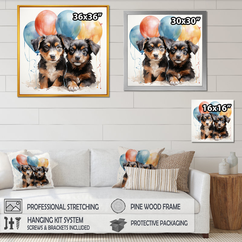 Puppies Parade Balloon Adventure II - Art mural de chambre de bébé, Cadre simple argenté, H 36 po x l 36 po x P 1,5 po