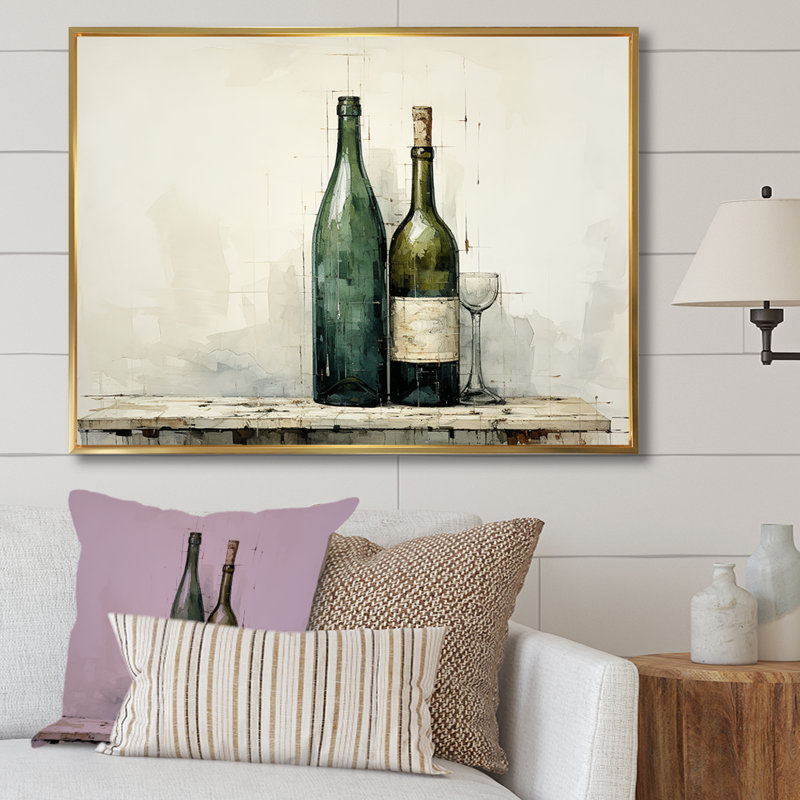 «Green Minimalist Wine Bottles Silhouette I», art mural vin, Cadre flottant doré, H 12 po x l 20 po x P 1 po