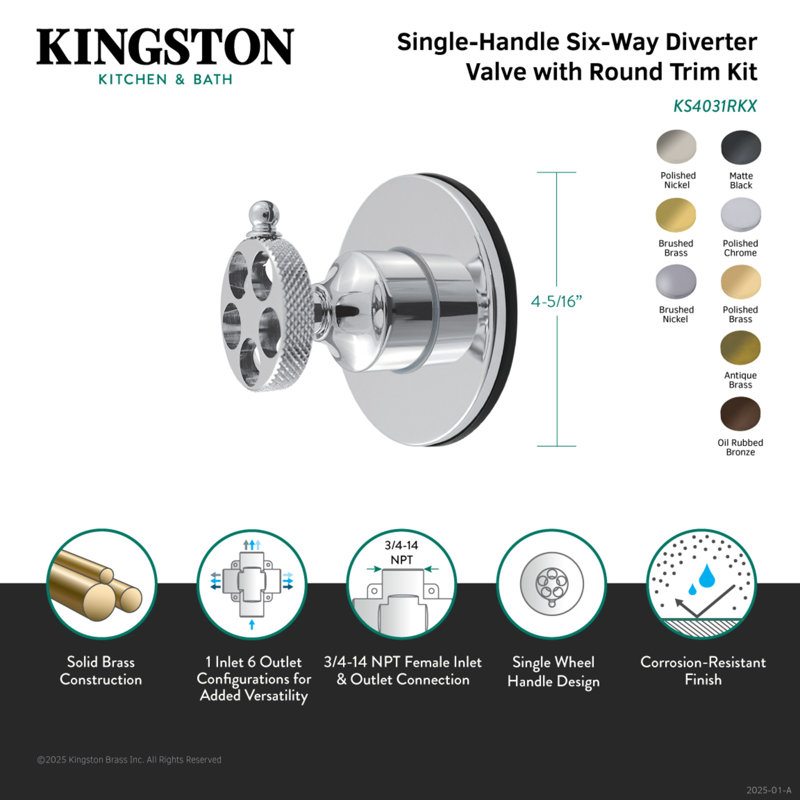 Kingston Brass KS4031RKX Webb Single-Handle Six-Way Diverter Valve With Knurled Handle And Round Trim Kit, Polished Chrome