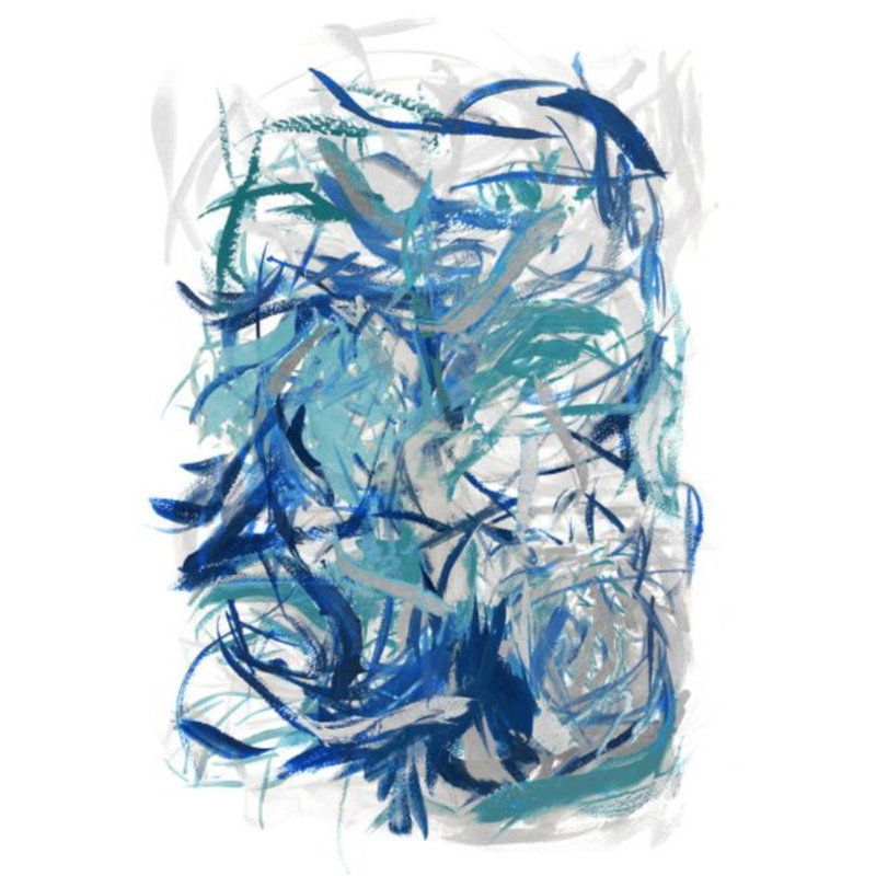 «Blue Rising I» par Fern Cassidy - peinture sur toile, H 53 po x l 40 po, Argent doré