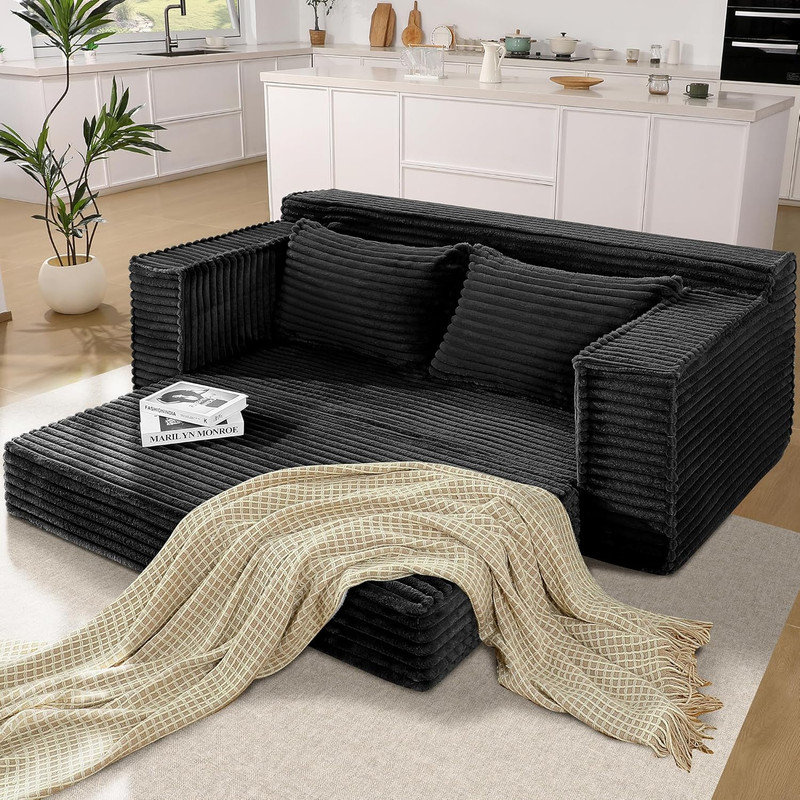 Canapé-lit en velours côtelé 75 po 2 en 1 avec 2 coussins, canapé-lit escamotable pliant désossé, canapé-lit sans assemblage pour salon, chambre à coucher