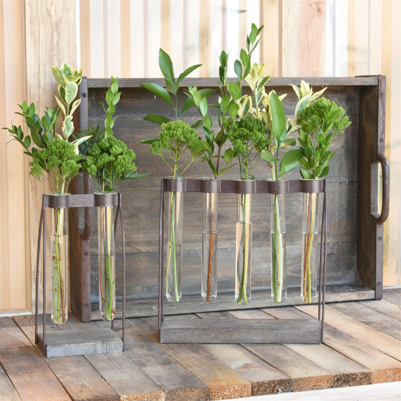 Weathered Wood and Metal Test Tube Vase Arrangement