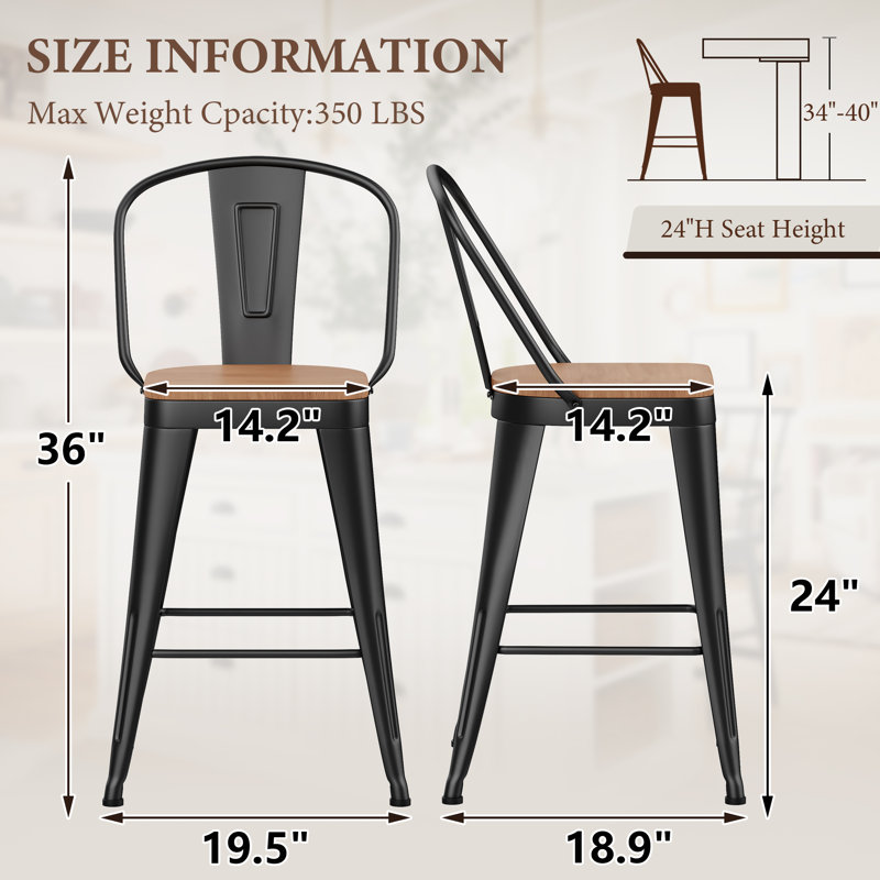 High Back Metal Counter And Bar Stools, Matte Black, Counter Stool (24” Seat Height)