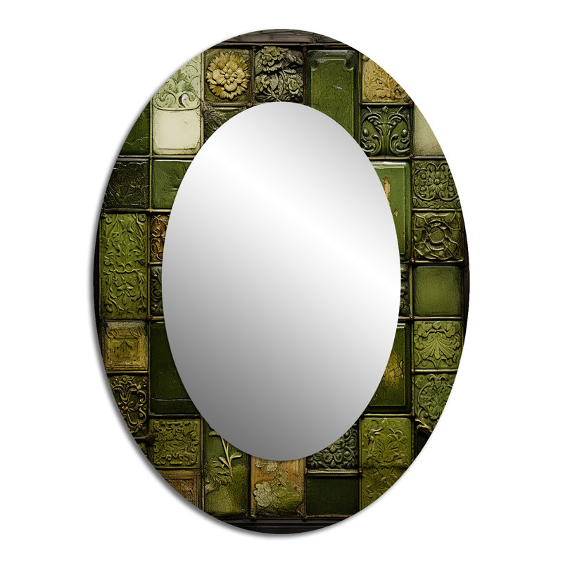 Green Stone Tiles I - Miroir mural ovale moderne vert, H 40 po x l 30 po
