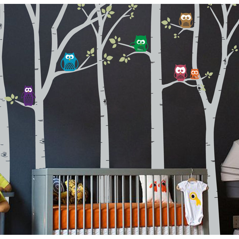 Décalcomanie murale arbres bouleau hibou, Gris