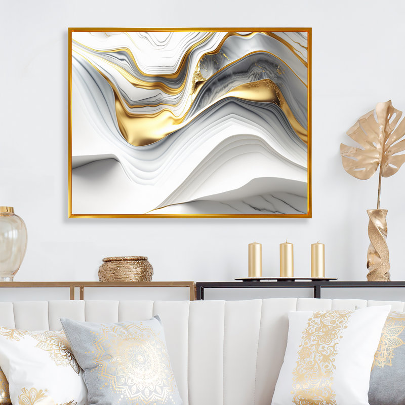 «Abstract Geode Waves Grey V», reproduction sur toile, H 12 po x l 20 po x P 1 po, Toile avec cadre flottant or