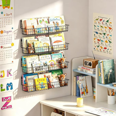 Bibliothèque murale 24 pouces, étagères à livres flottantes en métal pour le bureau de la chambre à coucher, bureau à suspendre, noir, lot de 4