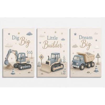 Grand ensemble de 3 pépinières de construction, art mural, creuser un grand petit camion, pelle sur toile, impression sur toile de bébé garçon, impression sur toile 16 x 24 pouces - prête à être accrochée