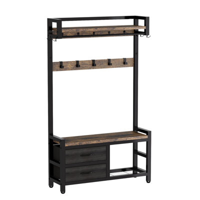 Arbre d'entrée de 33,1 po de largeur 5 en 1 - banc d'entrée avec 2 tiroirs mobiles, rangement pour chaussures, tablettes, porte-vêtements et 23 crochets (fixes et mobiles)