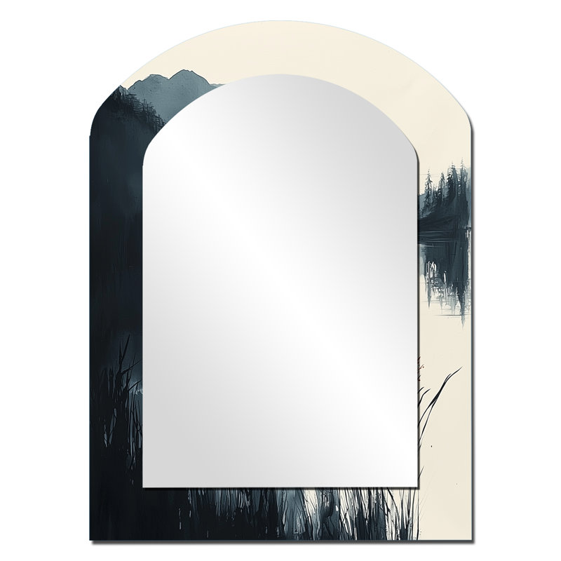 White And Black Silent Ridge - White Asymmetrical Mirror, Traditional Arch Decorative Wall Mirror, Printed Metal Art