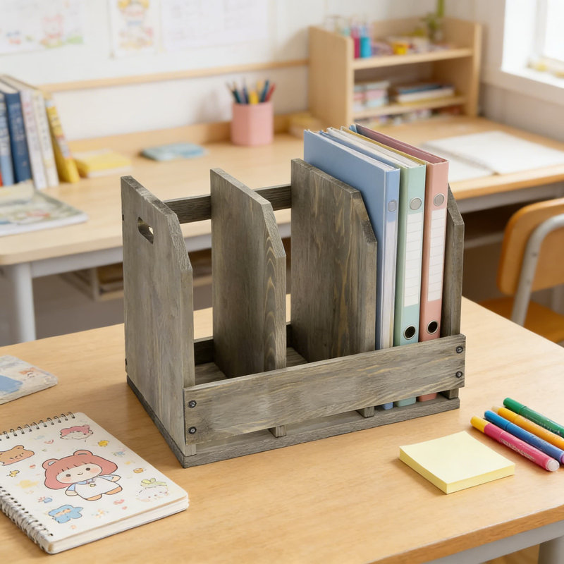 Organisateur de magazines et de classeurs en bois massif avec 3 compartiments, étiquettes pour tableau noir et poignées latérales pour le bureau ou le bureau personnel
