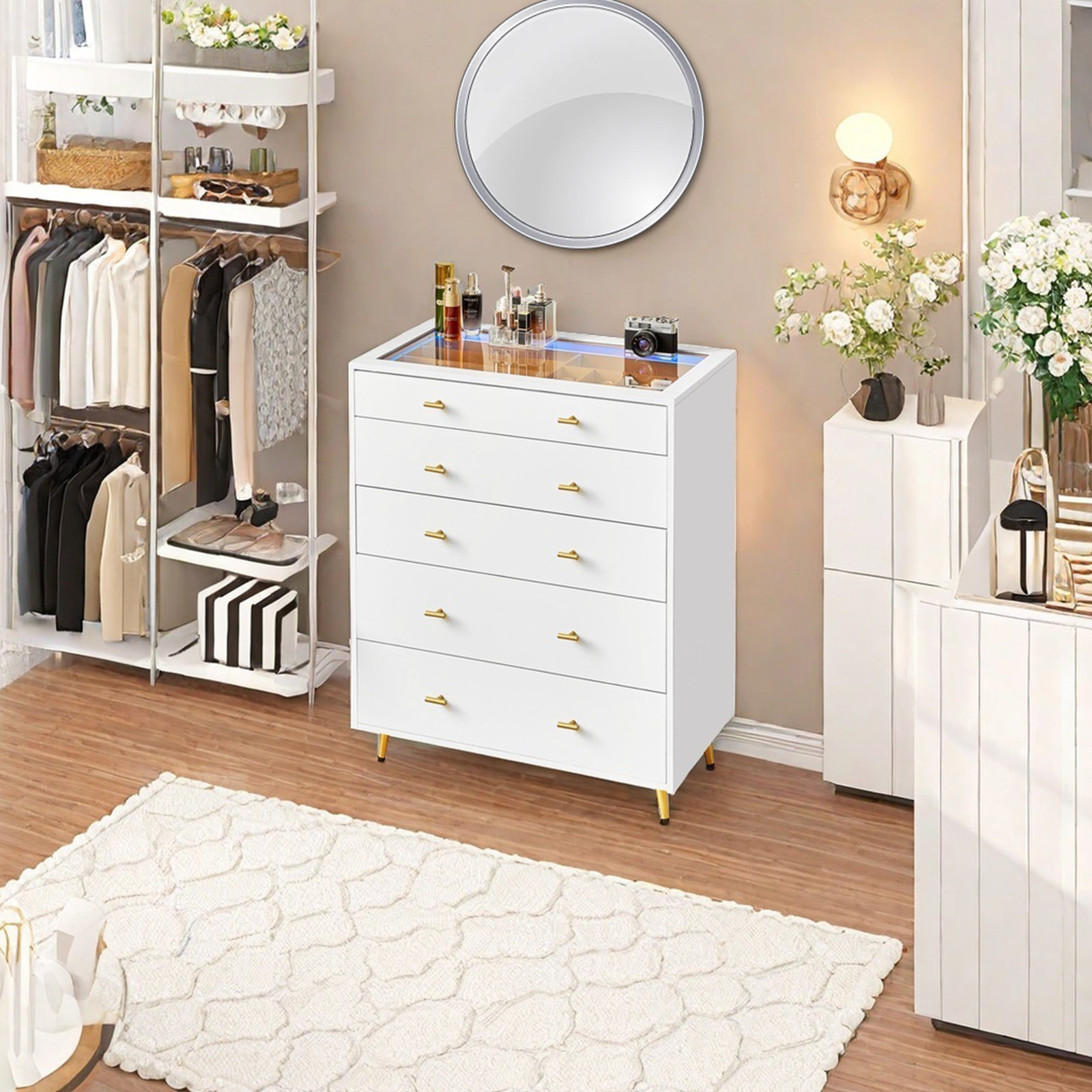 Rebrilliant 5 Drawer Closet Island With Drawers Glass Top & Wardrobe ...