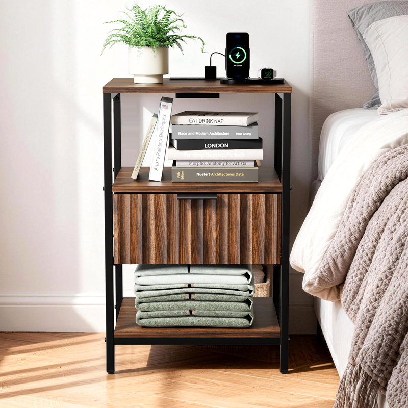 15 Inches Wide Nightstand - 1 Drawer, 2 Shelves, US Power Outlet, Walnut/Black
