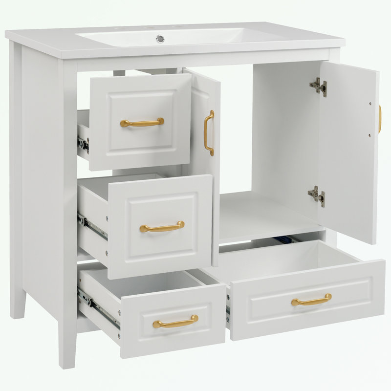 Meuble-lavabo de salle de bain avec lavabo, une armoire et 4 tiroirs à fermeture en douceur, Blanc