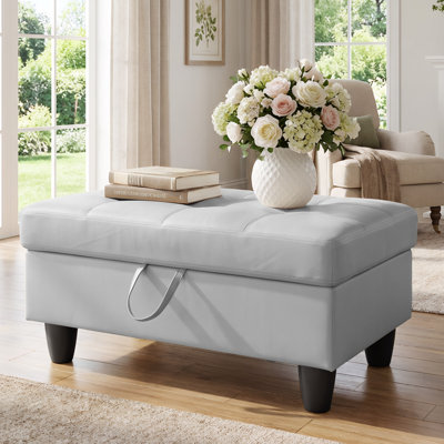 Rectangular Storage Ottoman Bench With Hinged Lid, Faux Leather Footrest For Living Room, Bedroom, Entryway, Light Gray, 35"X23.5"X17.5"