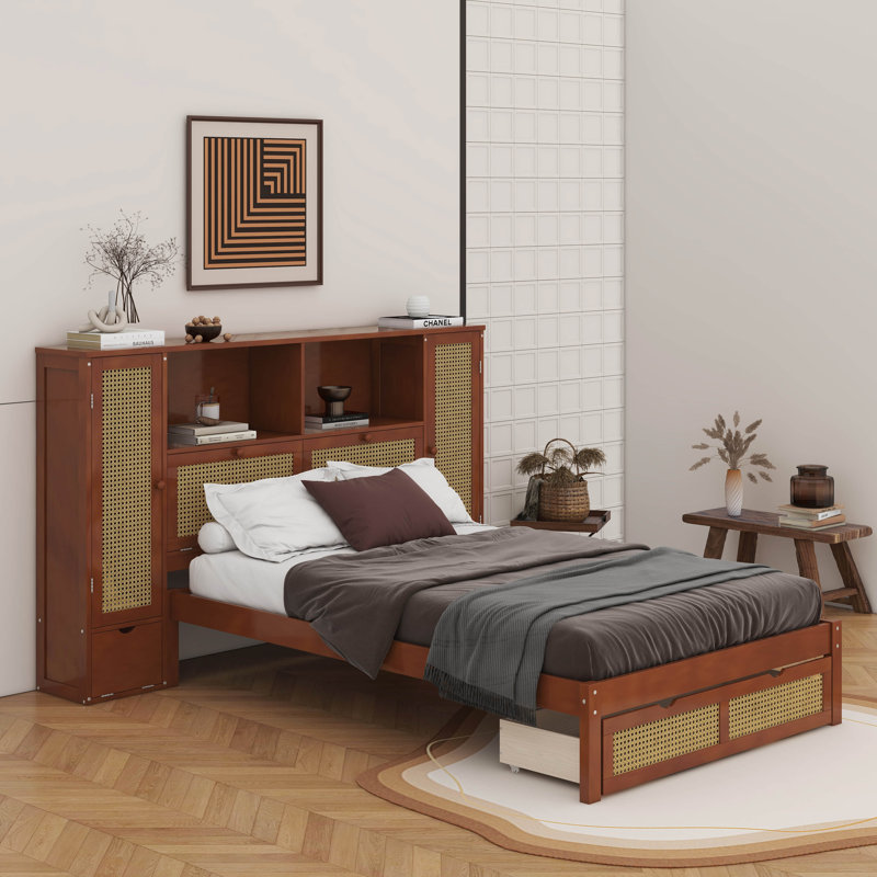 Lit simple en bois avec deux casiers de rangement, un tiroir et une tablette de rangement sur la tête de lit, Noyer