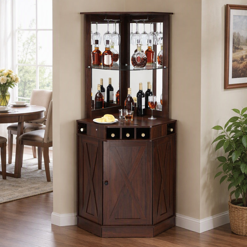 Comptoir de bar et buffet de coin de style industriel en bois de noyer noir, avec support à verres à vin intégré, armoire à café de style maison de campagne, convient au salon et au bar de la maison.