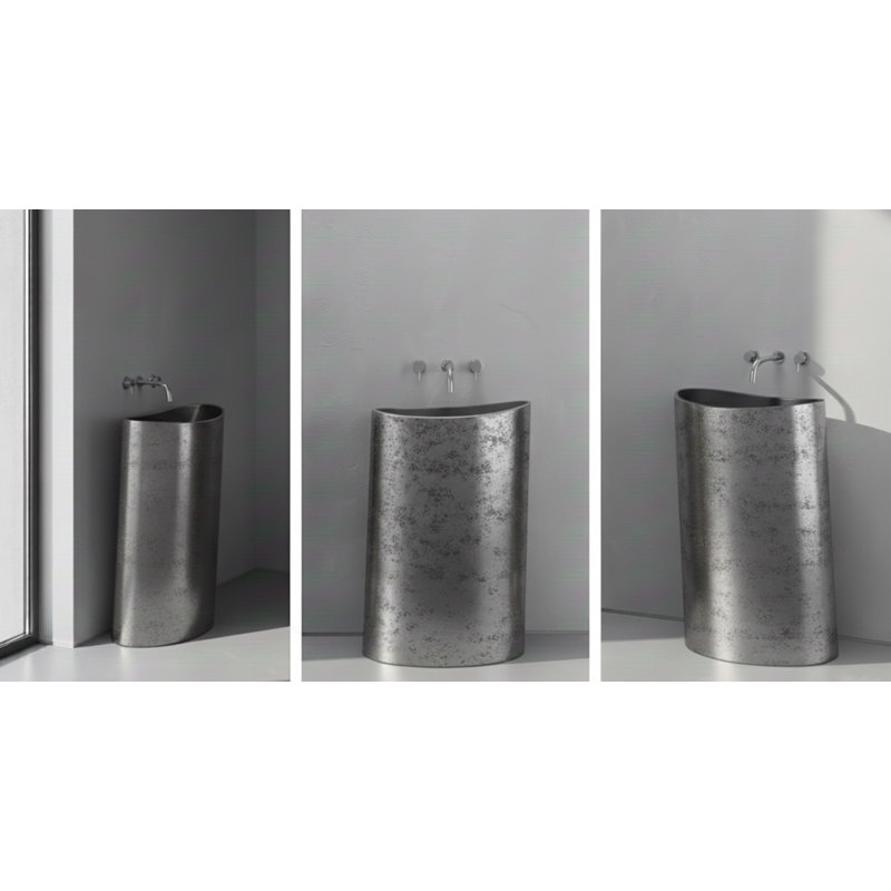 Vast Studio Aged Brass/White Freestanding Pedestal Sink – Sculpted Solid Surface Basin with Curved Modern Silhouette & Seamless Luxury Matte Finish