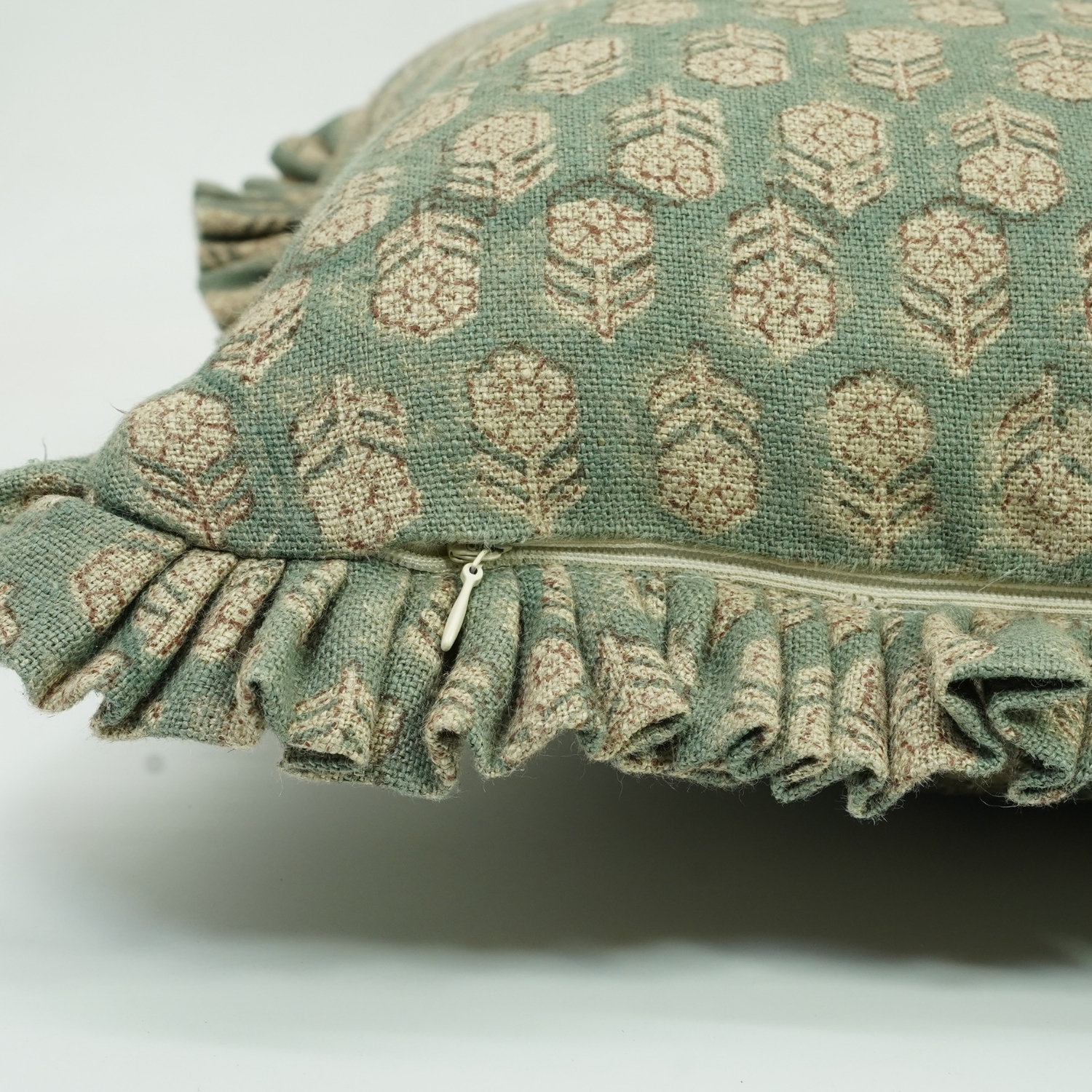 Handmade Linen Pillow Cover, 16"H x 16"W, Green Floral/Block Print
