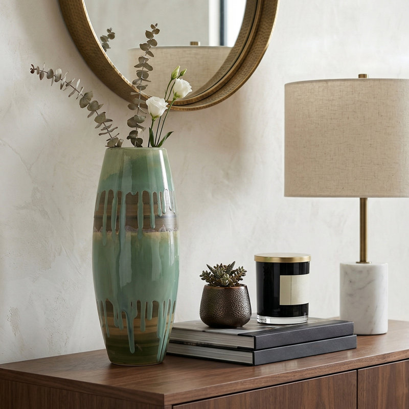 Handcrafted Pottery and Metal Decorative Vase with Textured Detailing, 18" H x 7" W x 7" D