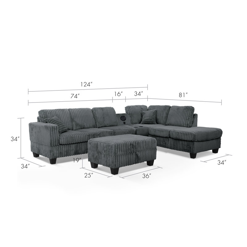 Vega Reversible Faux Fur Sectional with Media Console And Storage Ottoman, Grey Carduroy