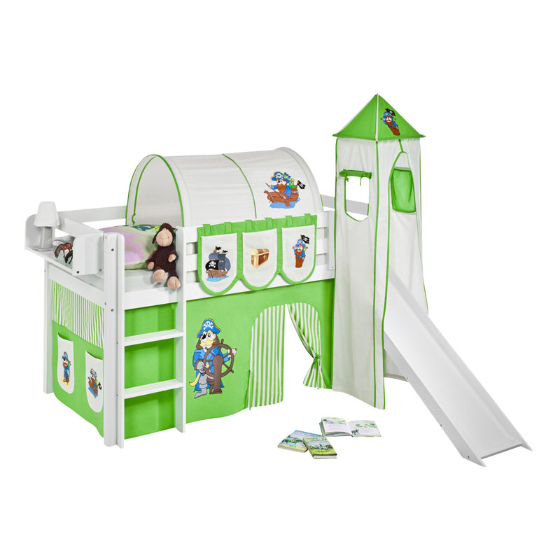 Jelle Mid Sleepers Themed Beds with Built-in Ladder Included, European Single (90 x 200 cm), Green and Beige