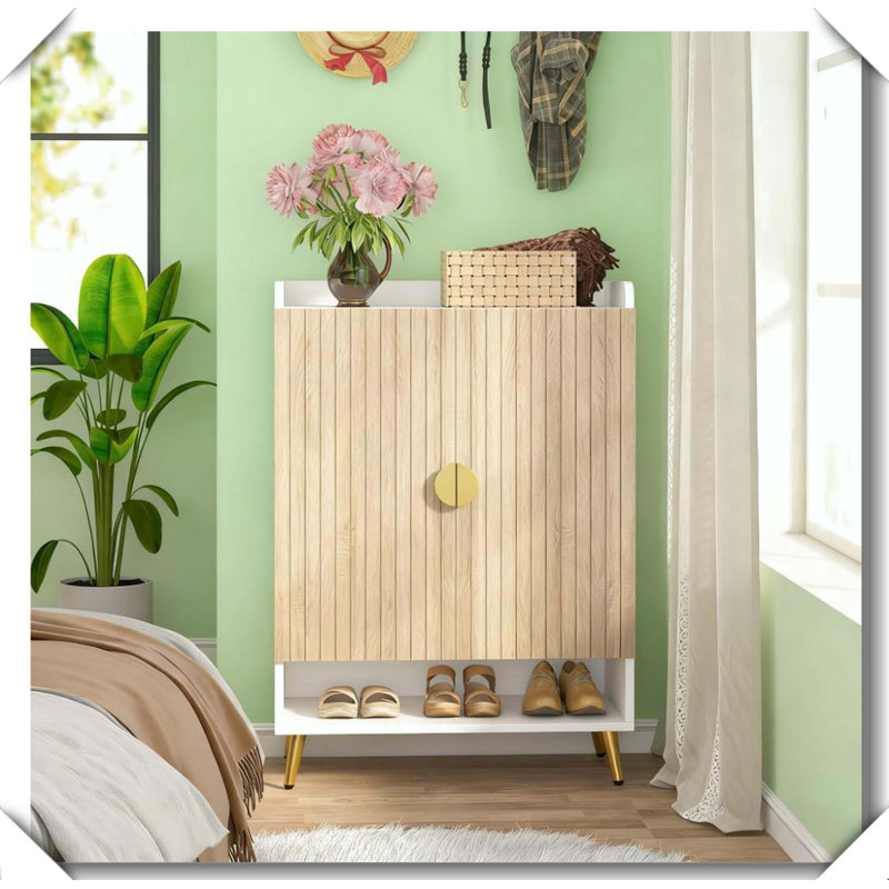 7-Tier Wooden Shoe Cabinet Hidden Storage Space Saving, Natural/Gold