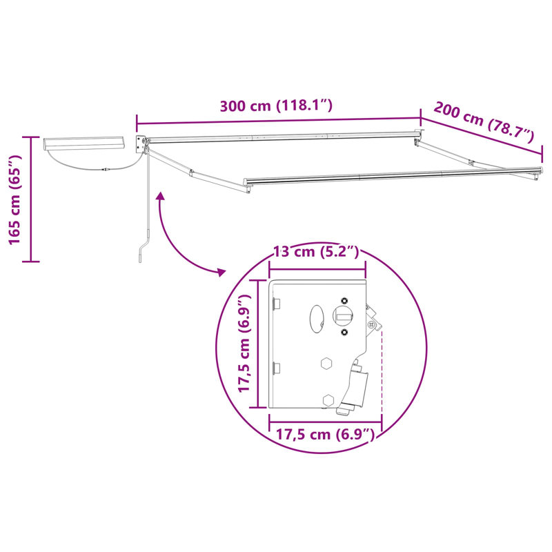 VidaXL Polyester Cover Retractable Patio Awning, 300cm W x 200cm D, White
