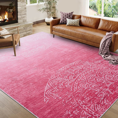 Large Area Rug 9x12 Washable Rug Pink Ombre Rug Distressed Abstract Rug with Non Slip Backing, Modern Medallion Rug, Stain Resistant Low Pile Thin Rug for Living Room Bedroom