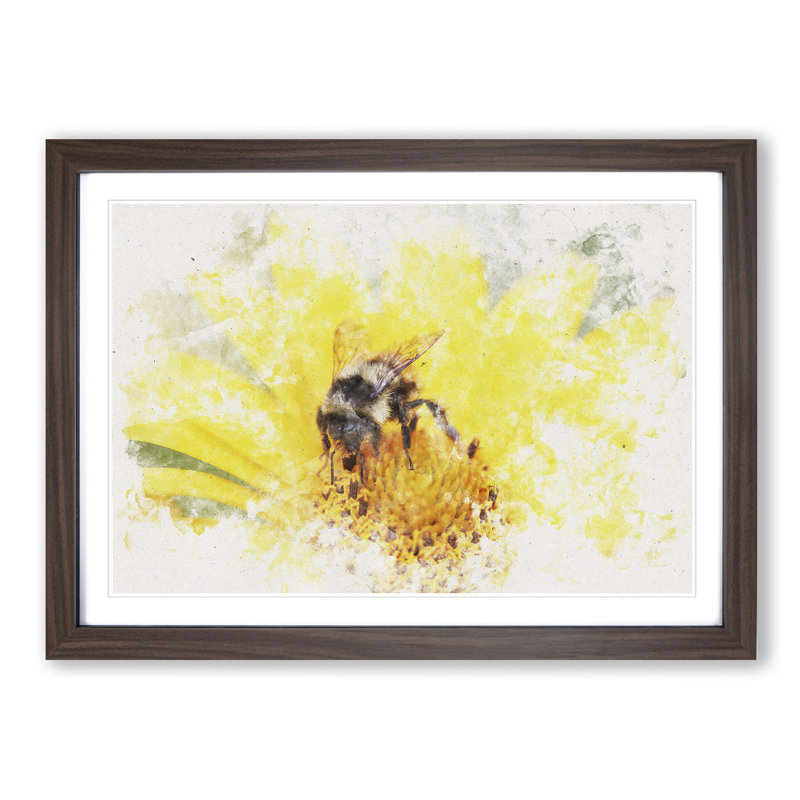 Bee Collecting Pollen Watercolour - Picture Frame Graphic Art Print on MDF, 45cm H x 63cm W x 2cm D, Walnut Framed