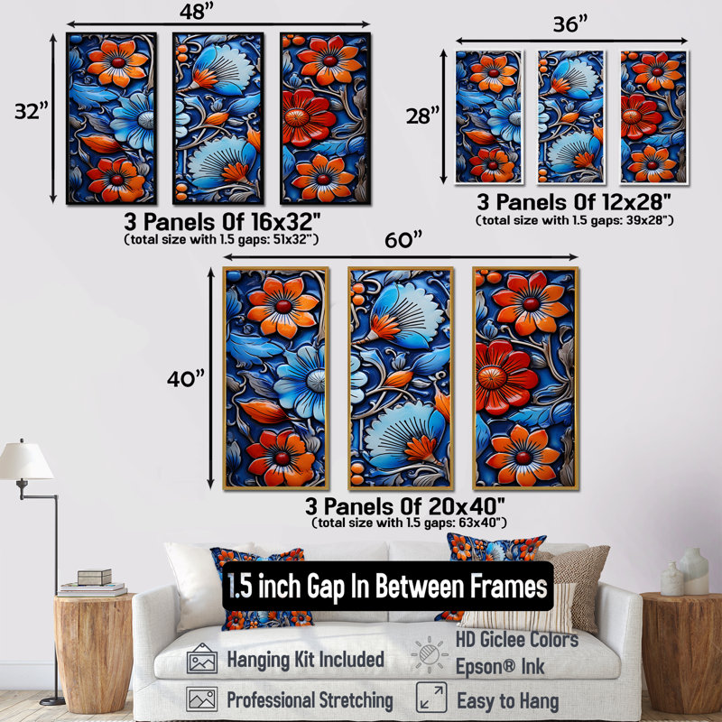 Floral bohème bleu et orange mosaïque 5 - Boho mosaïque murale, Cadre flottant noir, H 28 po x l 36 po x P 1 po