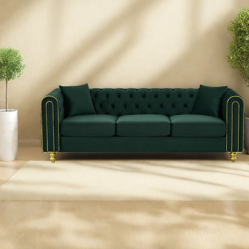 Ensemble de canapés modernes 3 places en velours vert style Chesterfield