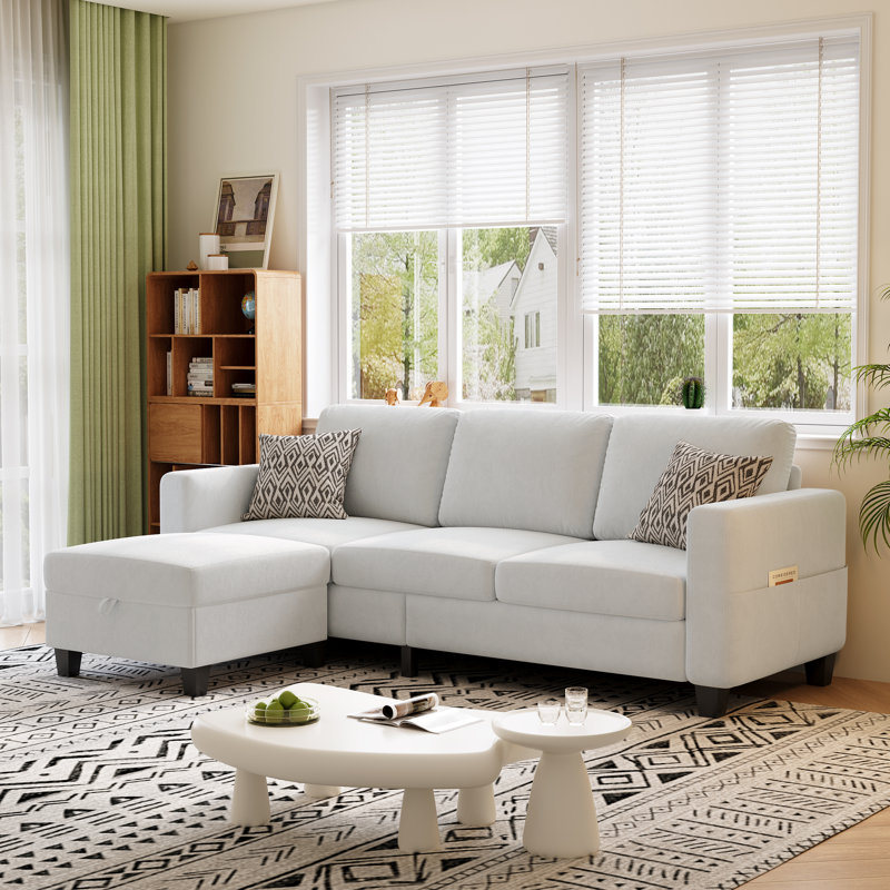 78'' Upholstered Sofa Couch With Movable Ottoman, White