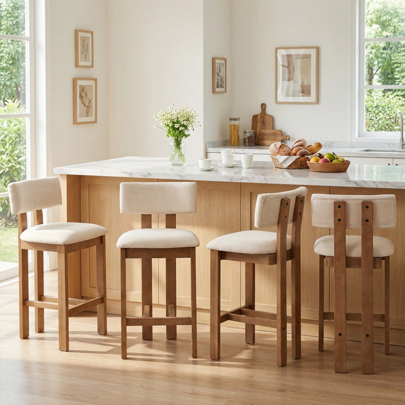 Tabouret rembourré avec structure en bois massif, Beige