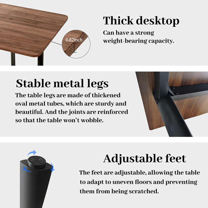 Extendable Rectangular Dining Table with Steel Base, Dark Brown Wood
