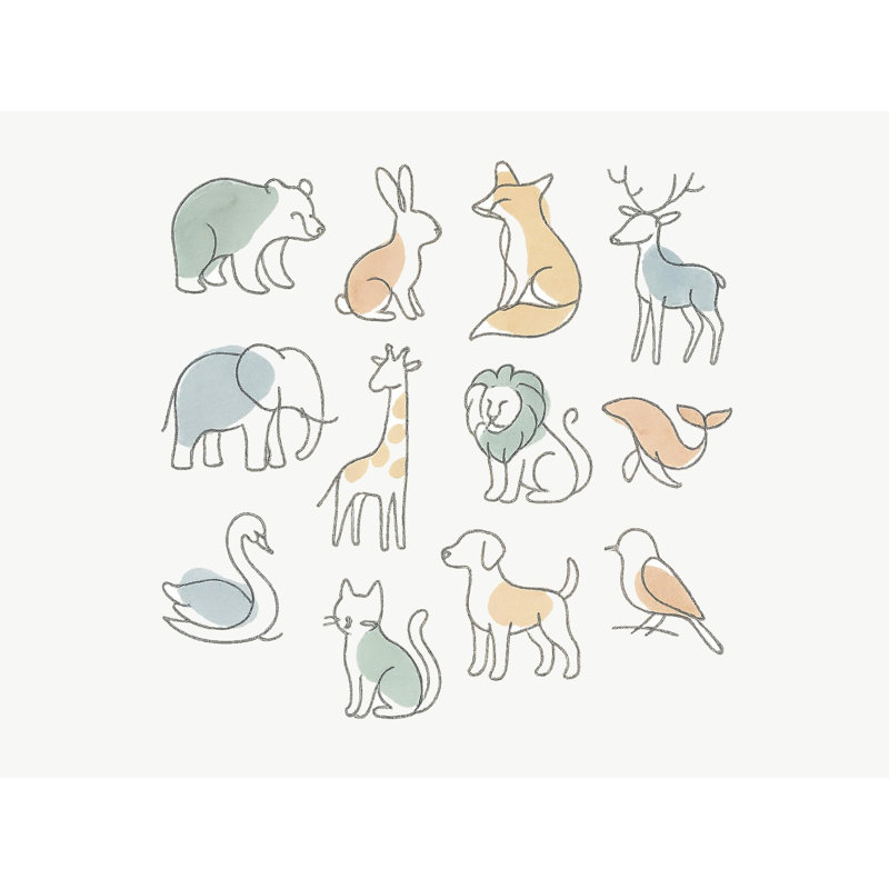 Line Art Animal Wall Decals, Set of 12 Peel and Stick Nursery Wall Stickers, Satin Finish Removable Kids Room Wall Art, 20"W x 20"H (50 x 50 cm)
