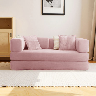 Canapé-lit convertible de 99 po - Canapé-lit pliable avec mousse et velours côtelé - Canapé modulaire pour salon, chambre à coucher, studio - Canapé à compression en boîte (rose)