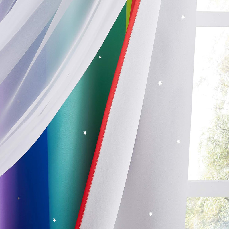  Star Colorful Blackout Curtains Bedroom Decor, Double-Layer Rainbow Stripe Window Curtain with Sheer for Kids Nursery (2 Panels, Tiebacks Included,Adult)