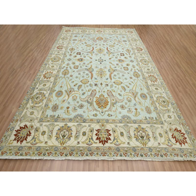 Tapis 9 pi x 12 pi bleu poudre, laine pure, motif Agra avec motif Ziegler, motifs floraux, noué à la main, colorants végétaux, tapis oriental