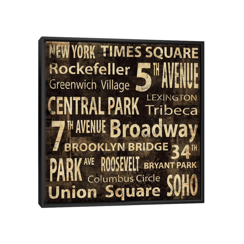 «NYC in Words», art textuel sur toile, H 18 po x l 18 po x P 1,5 po, Toile avec cadre noir, Pas de tapis