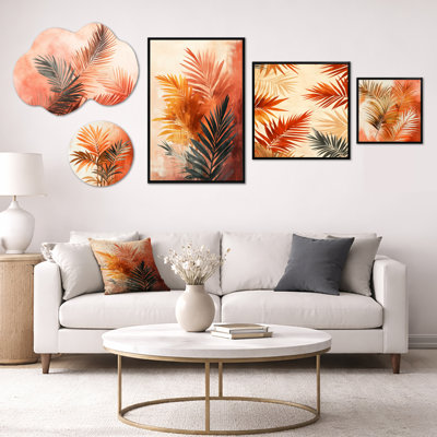 Terracotta Palm Vibes - Grand ensemble d'art mural botanique, toile et métal 5 pièces (100 po x 40 po)
