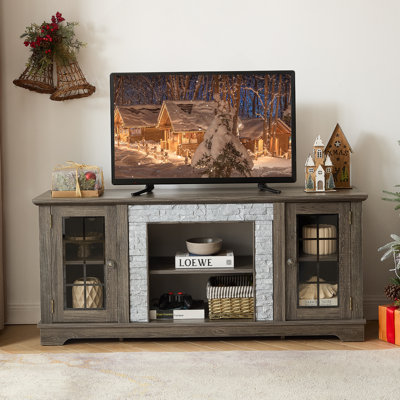 58" Modern TV Stand With 2-Door Storage, Faux Stone Media Console Cabinet, Grey Large Entertainment Center For Living Room