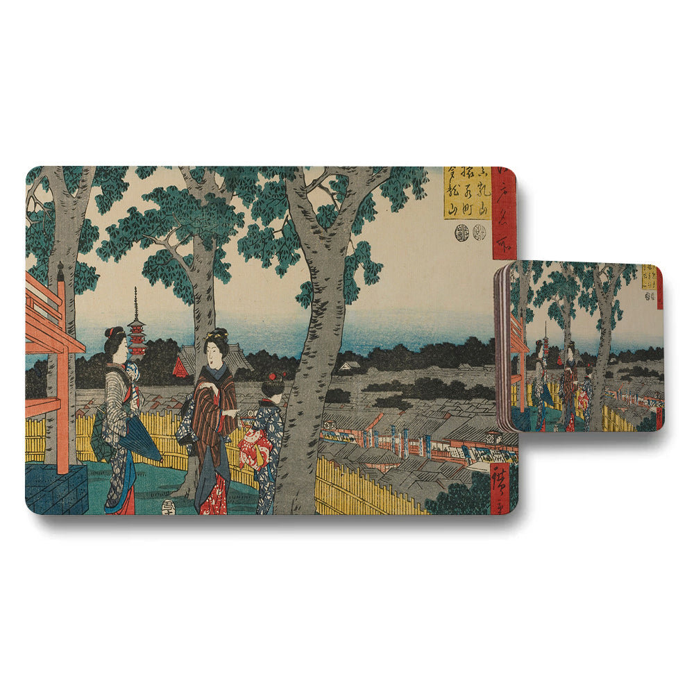 Japanese Ukiyoe Placemats And Coasters Set Featuring A Traditional Scene