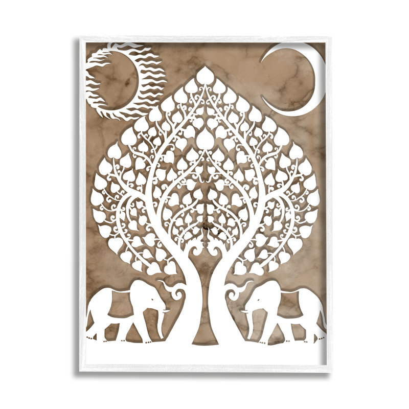 «Boho Elephants Tree of Life Abstract Sun Moon», art mural sur toile tendue, Giclée encadrée blanc bord de mer