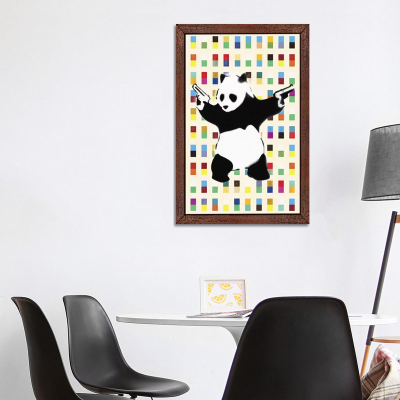 Panda with Guns Bright Dots - Painting Print on Canvas, 66.04 cm H x 45.72 cm W, Brown Framed